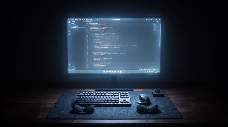 Desk without Striva Light Bar — screen glare and harsh contrast