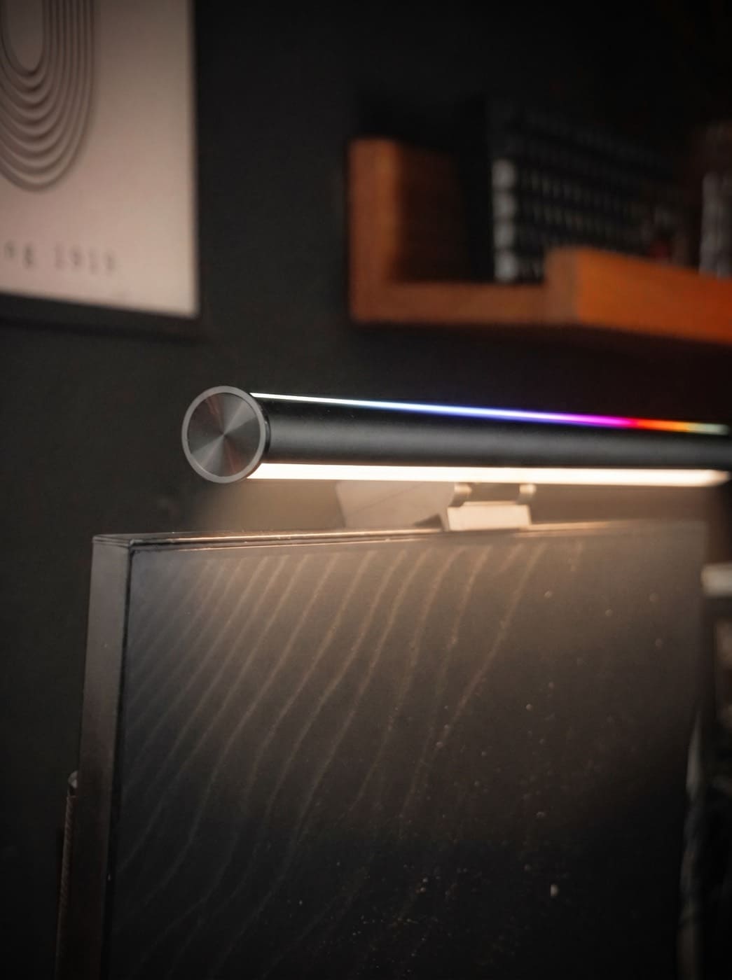 Striva Light Bar mounted on a monitor with RGB backlight on